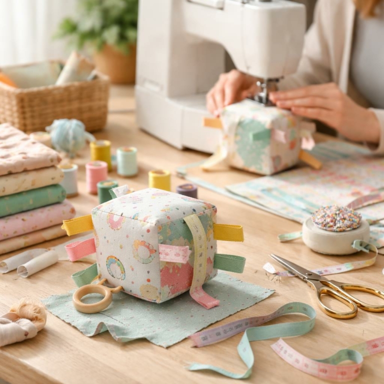 Coudre des cubes d’éveil avec étiquettes — tutoriel pas à pas pour débutants